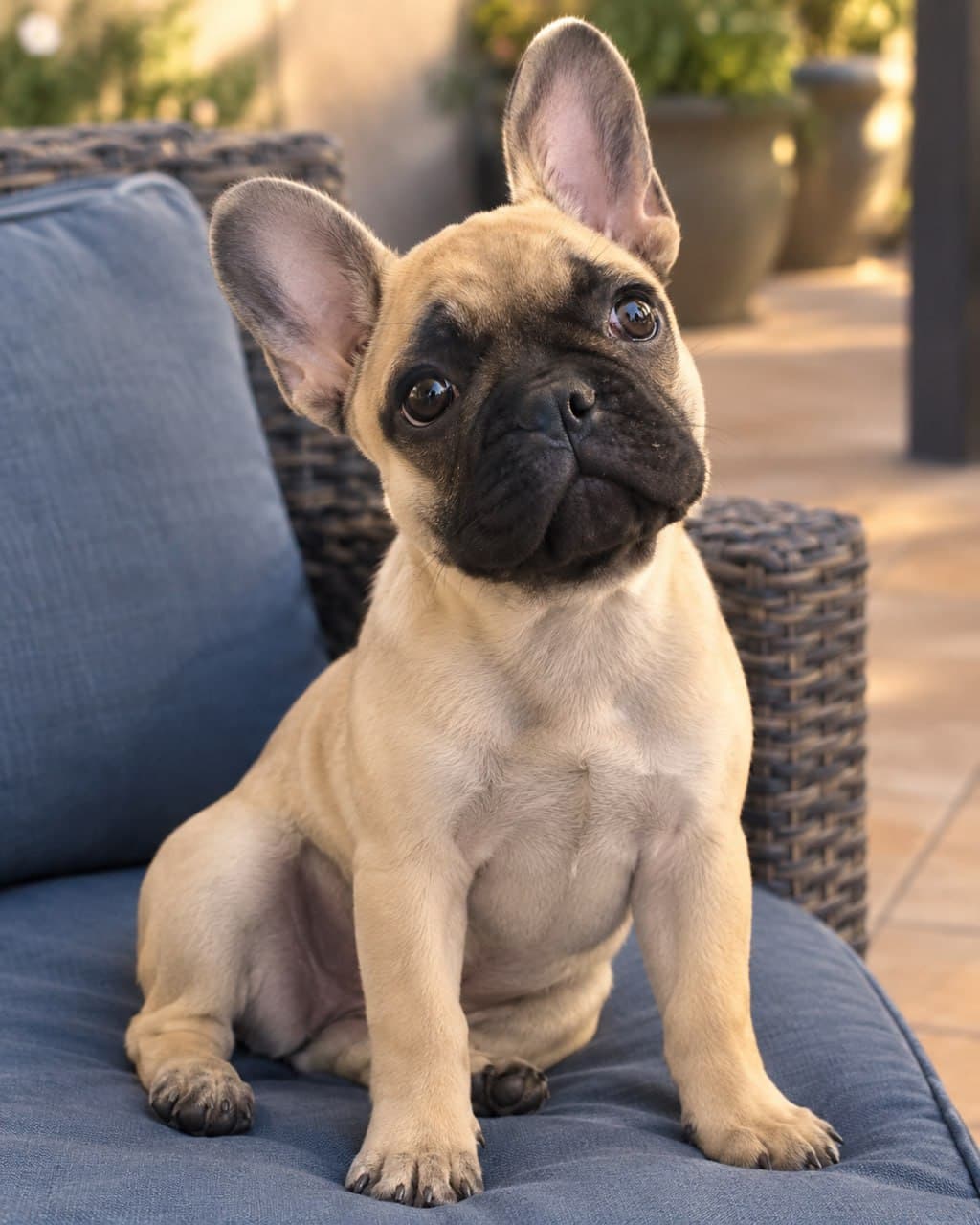 Coco sitting on a cushioned outdoor chair in evening light