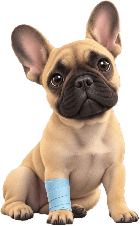 Coco sitting calmly with a light blue bandage on one front paw