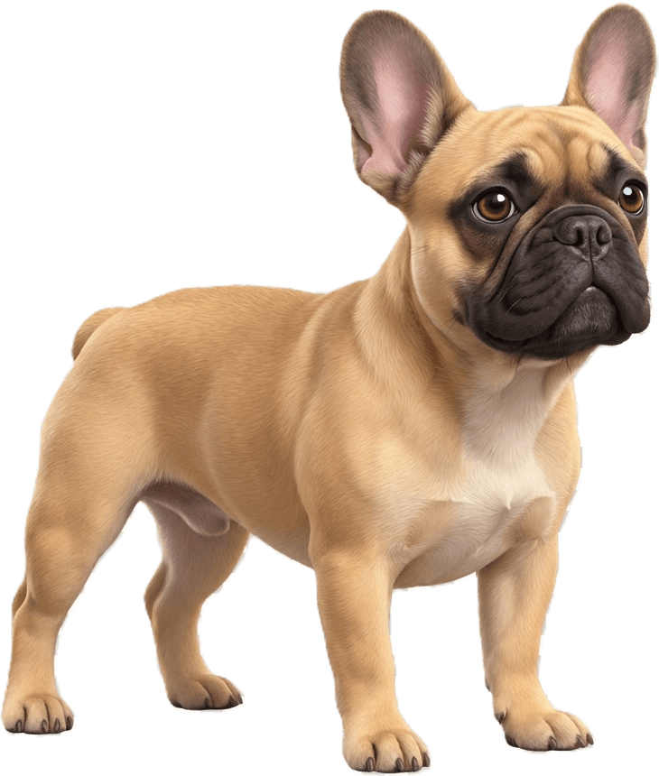 Coco standing side-on, ears up, showing her whole body