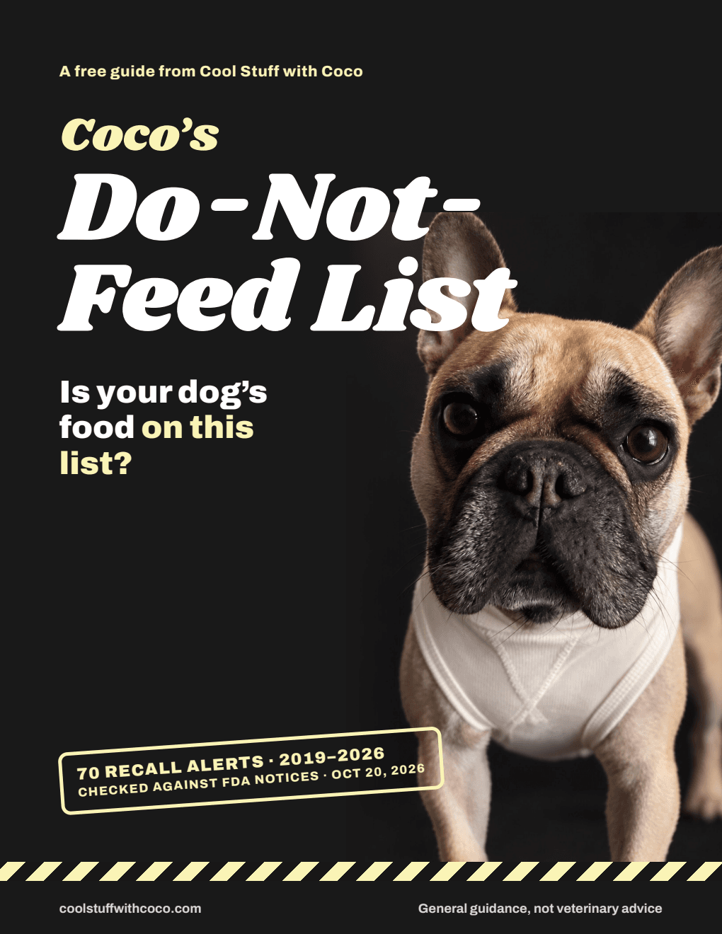 Coco's Do-Not-Feed List: is your dog's food on this list? The guide's cover, with Coco