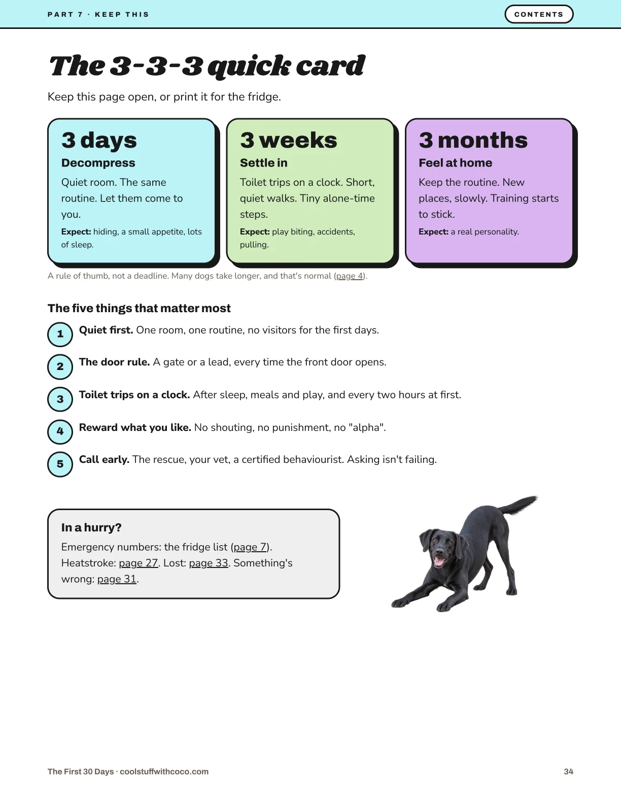 Page 34 of the guide, the 3-3-3 quick card: 3 days to decompress, 3 weeks to settle in, 3 months to feel at home, and the five things that matter most.