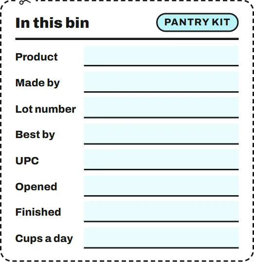 A food-bin label: product, made by, lot number, best by, UPC, opened, finished and cups a day.