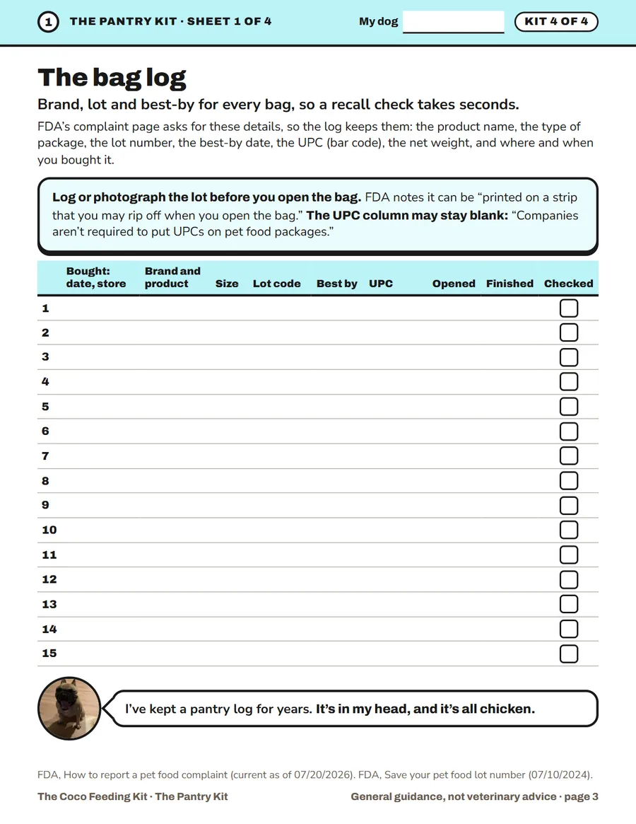 A real sheet from the Pantry Kit, “The bag log”: fifteen rows for the brand, size, lot code, best-by date and UPC of every bag.